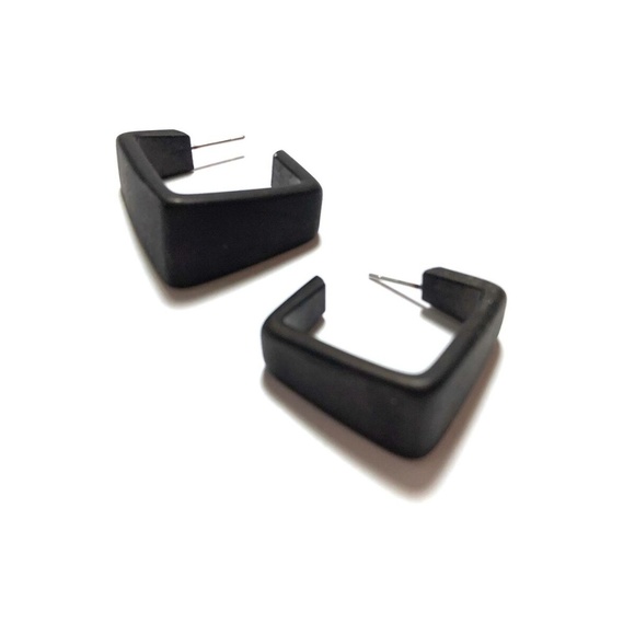 Wide Cubist Frosted Lucite Hoop Black Earrings - Picture 1 of 7